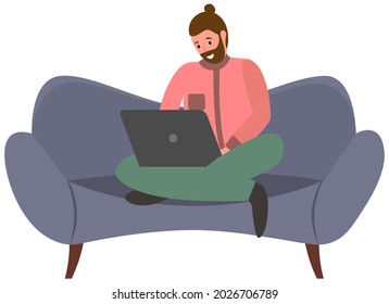 Distance learning, freelance and internet entertainment. Man sitting with laptop on couch at home. Remote work, online home freelancing, programming. Online profession, internet surfing concept