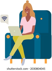 Distance learning, freelance and internet entertainment. Woman working with laptop home. Remote work, typing on computer keyboard, online home freelancing. Girl looking screen. Chatting, communication