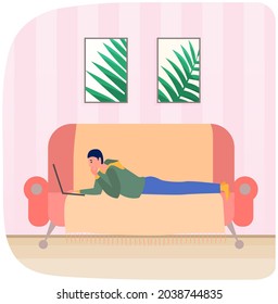 Distance learning, freelance and internet entertainment. Man lying with laptop on couch at home. Remote work, online freelancing, internet surfing concept. Male programer sits with digital technology