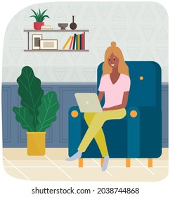 Fernstudium, Freizeit und Internet-Unterhaltung. Frauen arbeiten mit Laptop zu Hause. Remote-Arbeit, Tippen auf der Computertastatur, Freier Online-Zuhause. Girl-Look-Bildschirm. Chatten, Kommunikation