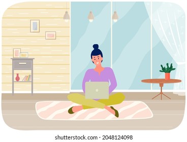 Distance learning, freelance and internet entertainment. Woman sitting with laptop in living room at home. Remote work, online home freelancing concept. Online communication, internet surfing