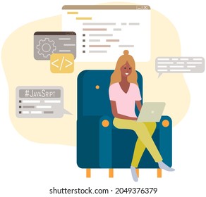Distance learning, freelance and internet entertainment. Woman working with laptop home. Remote work, typing on computer keyboard, online home freelancing. Girl looking screen. Chatting, communication