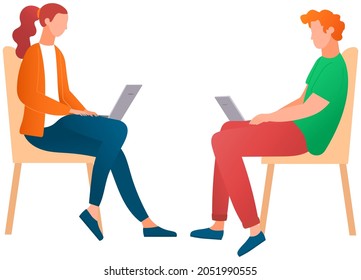 Distance learning, freelance and internet entertainment. Couple sitting with laptops chatting, working. Remote work, online freelancing. Online communication, internet surfing, people work together