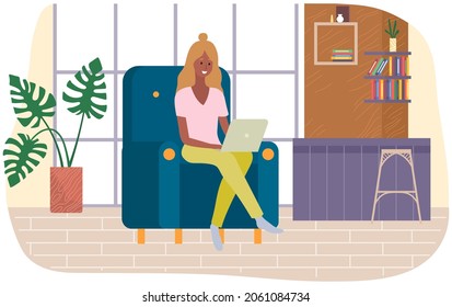 Distance learning, freelance and internet entertainment. Woman working with laptop home. Remote work, typing on computer keyboard, online home freelancing. Girl looking screen. Chatting, communication