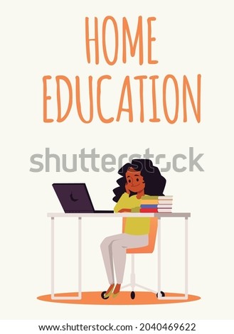 Distance learning at home. Girl sitting on chair at table with laptop studying online education, flat cartoon vector illustration isolated white background