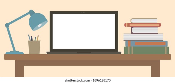 Distance learning at home. On the desk is laptop and desk lamp, stand for pencils and pens, and books. Flat design. Vector illustration