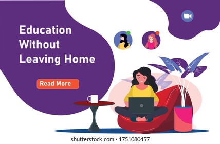 
Distance learning at home. Vector illustration of digital learning, webinar with student and teacher and virtual classroom. The concept of gaining knowledge without leaving home