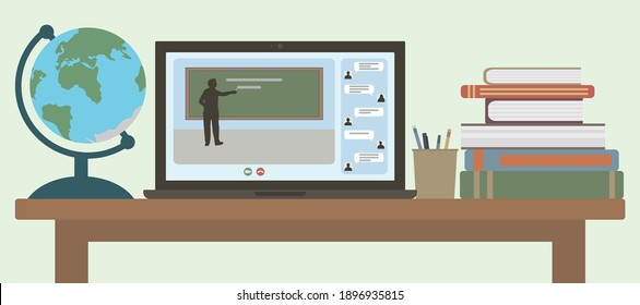 Distance learning at home. Workplace of student or schoolchild. Conducting lesson by teacher through  online webinar with chat  using Internet and  laptop. Flat design. Vector illustration