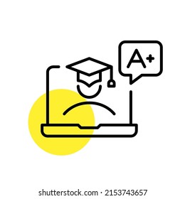 Distance learning icon. Student receiving A grades. Pixel perfect, editable stroke line art icon