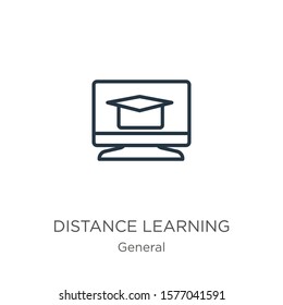 Distance learning icon. Thin linear distance learning outline icon isolated on white background from general collection. Line vector sign, symbol for web and mobile