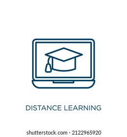 distance learning icon. Thin linear distance learning outline icon isolated on white background. Line vector distance learning sign, symbol for web and mobile