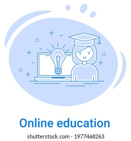 The Distance Learning icon.Distance learning and online courses and advanced training.Vector illustration of a thin line icon on a blue background.