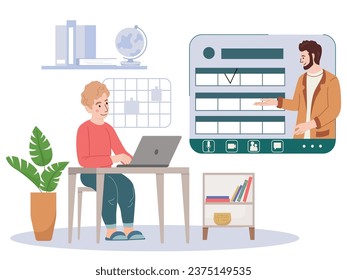 Distance learning indoor scenery with student at computer listening online lesson flat vector illustration