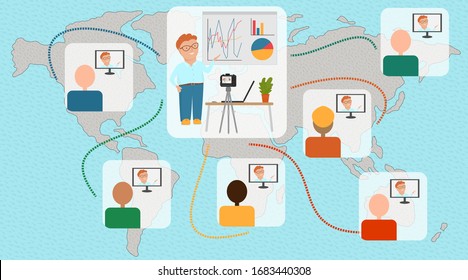 Distance learning. International education. The speaker is conducting an online seminar for users around the world. The teacher explains the lesson on the Internet.