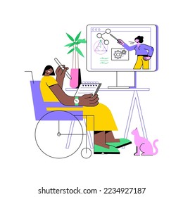Distance learning isolated cartoon vector illustrations. Girl in wheelchair makes online studies, education process during quarantine, remote learning at university, student life vector cartoon.