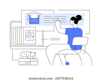 Distance learning isolated cartoon vector illustrations. Girl in wheelchair makes online studies, education process during quarantine, remote learning at university, student life vector cartoon.