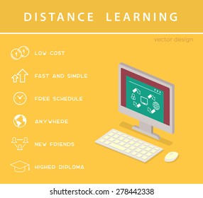 Distance learning isometric concept with lineart icons and computer. Vector flat education infographic