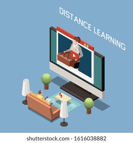 Distance learning isometric design concept  with man sitting on couch and lector on computer screen vector illustration