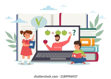 Distance learning, knowledge acquisition, online education. Kids with books and teacher on laptop screen, lesson and tutorial, studying on computer vector cartoon flat e-learning concept