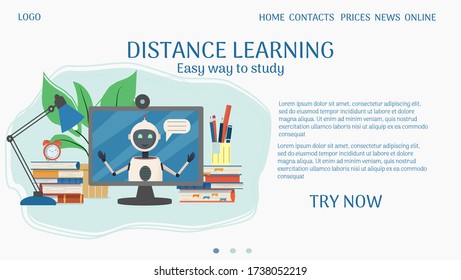 Distance learning landing page, web template stock vector illustration. Composition with books, monitor and robot assistant. E-learning, online tutor for easy study.