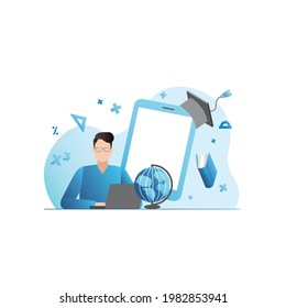 Distance learning in laptop. Man with glasses with globe is studying on Internet, listening to online lectures, courses, trainings, webinars, video seminars. Student receives education, passes exam.