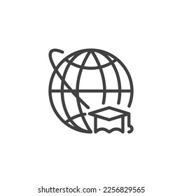 Distance learning line icon. Globe and academic hat linear style sign for mobile concept and web design. Global education outline vector icon. Symbol, logo illustration. Vector graphics