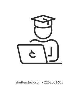 Distance learning, linear icon. A man in an academic cap at laptop. Takes an exam. Line with editable stroke