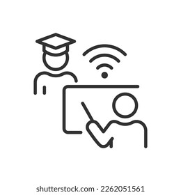 Distance Learning, linear icon. Student and teacher communicate remotely. Line with editable stroke