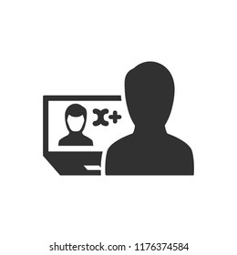 distance learning. man watching training video on laptop. monochrome icon