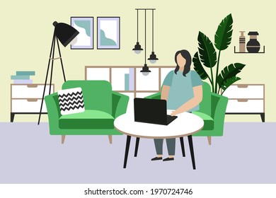 Distance learning, master class. The girl works at home with a laptop. Freelance. Modern trendy interior in Scandinavian style. Vector illustration.