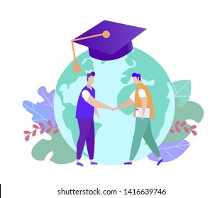 Distance Learning. Men Shake Hands on Background Globe. Distance Learning. E-Learning. Online Training. Vector Illustration. Getting Diploma. Achive Goal. Graduation University. Modern System.