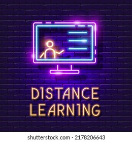 Distance learning neon sign. E-Learning Glowing Icon. Vector illustration for design. Online education concept.