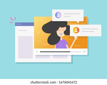Distance learning on internet idea or person character in video online webinar in website vector flat cartoon illustration, woman or girl digital chat, remote study or education concept modern design
