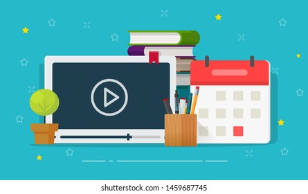 Distance learning online concept, video courses or webinar training vector, flat cartoon video player with web educational stuff, books, calendar and pens, internet study or preparing to exam date