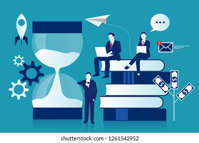 Distance learning online courses education, online books and textbooks, collective learning, exam preparation, solve the task of speed on stopwatch timer. Eps vector illustration Minimalist white blue