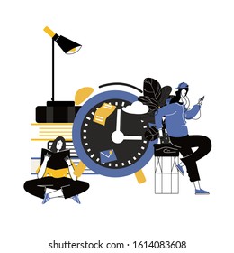 Distance learning, online courses, education, online books and textbooks, exam preparation, home schooling. Characters flat cartoon illustrations.