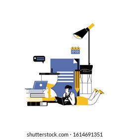Distance learning, online courses, education, online books and textbooks, exam preparation, home schooling. Characters flat cartoon illustrations.