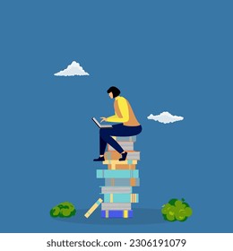 Fernunterricht, Online-Kurse, Bildung, Online-Bücher und Lehrbücher, kollektives Lernen, Prüfungsvorbereitung, Frauen, die auf dem Stapel von Fernlernbüchern sitzen.