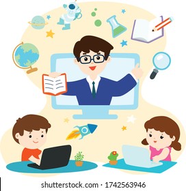 Educación a distancia en línea para niños, distanciamiento social, autoaislamiento y permanencia en el vector de concepto del hogar.