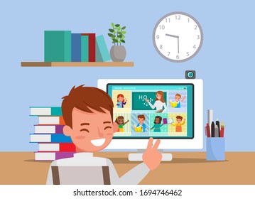 Distance learning online education classes for children during coronavirus. Social distancing, self-isolation and stay at home concept. Character vector design.