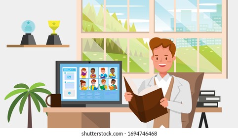 Distance learning online education classes for children during coronavirus. Social distancing, self-isolation and stay at home concept. Character vector design.