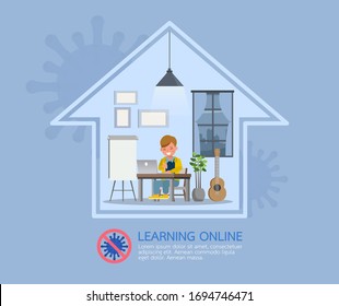 Distance learning online education classes for children during coronavirus. Social distancing, self-isolation and stay at home concept. Character vector design.