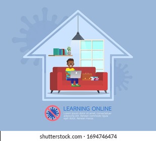 Clases de educación a distancia en línea para niños durante el coronavirus. El distanciamiento social, el autoaislamiento y el concepto de estar en casa. Diseño vectorial de caracteres.