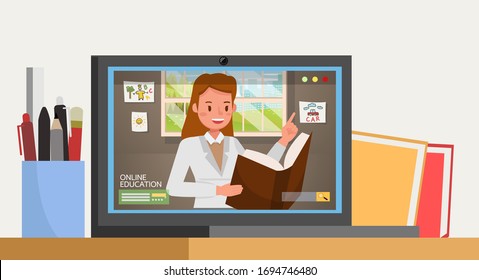 Distance learning online education classes for children during coronavirus. Social distancing, self-isolation and stay at home concept. Character vector design.