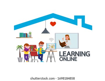 Distance learning online education classes for children during coronavirus. Social distancing, self-isolation and stay at home concept. Kid character vector design.