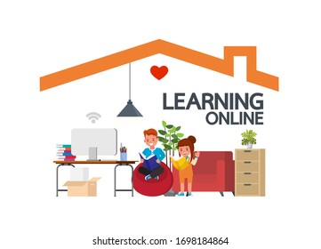 Distance learning online education classes for children during coronavirus. Social distancing, self-isolation and stay at home concept. Kid character vector design.