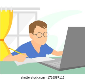 Distance learning online education classes for children during coronavirus using laptop computer. Social distancing, self-isolation and stay at home e-learning concept. Primary / university Student 