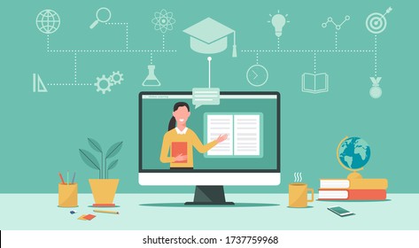 Distance learning or online education concept, teacher on laptop computer monitor, E-learning platform, flat vector illustration