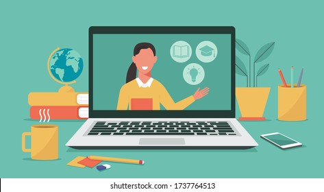 Distance learning or online education concept, teacher on computer laptop monitor, E-learning platform, flat vector illustration