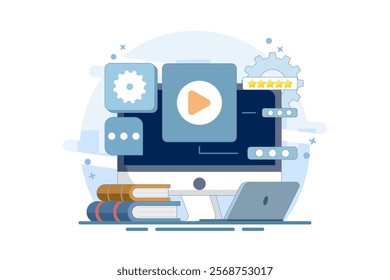 Distance learning and online education concept. online self-study on internet education platform. Student talking to teacher. Course review. Flat Cartoon Vector Illustration.